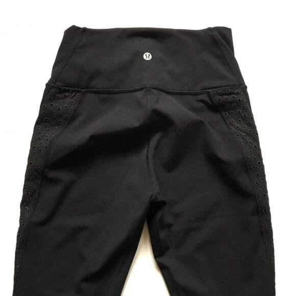 Lululemon Ornate Crop Leggings Womens 6 Black 17" Inseam Eyelet Side Trim Run - Picture 6 of 8